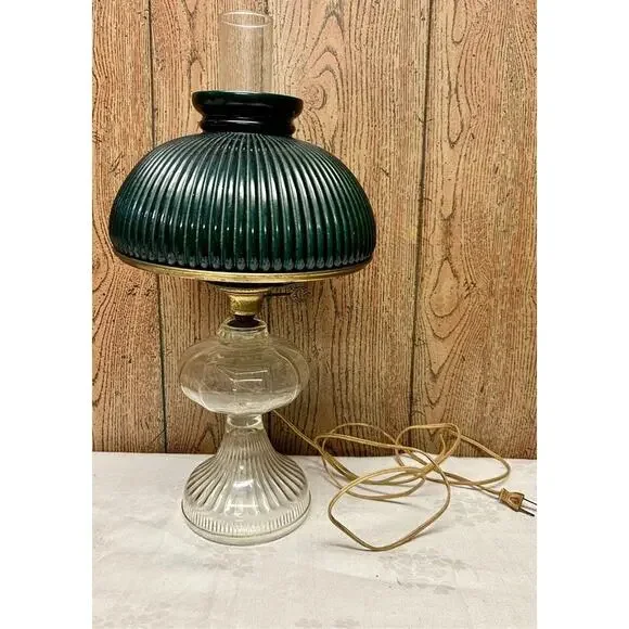 Vintage Electric Oil Lamp w/ Green Ribbed Glass Shade & Brass Burner –20.5" Tall - Picture 2 of 15